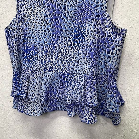 Rebecca Taylor Blue Leopard Print Tiered Peplum Sleeveless Silk Top Size 10 - Picture 3 of 12